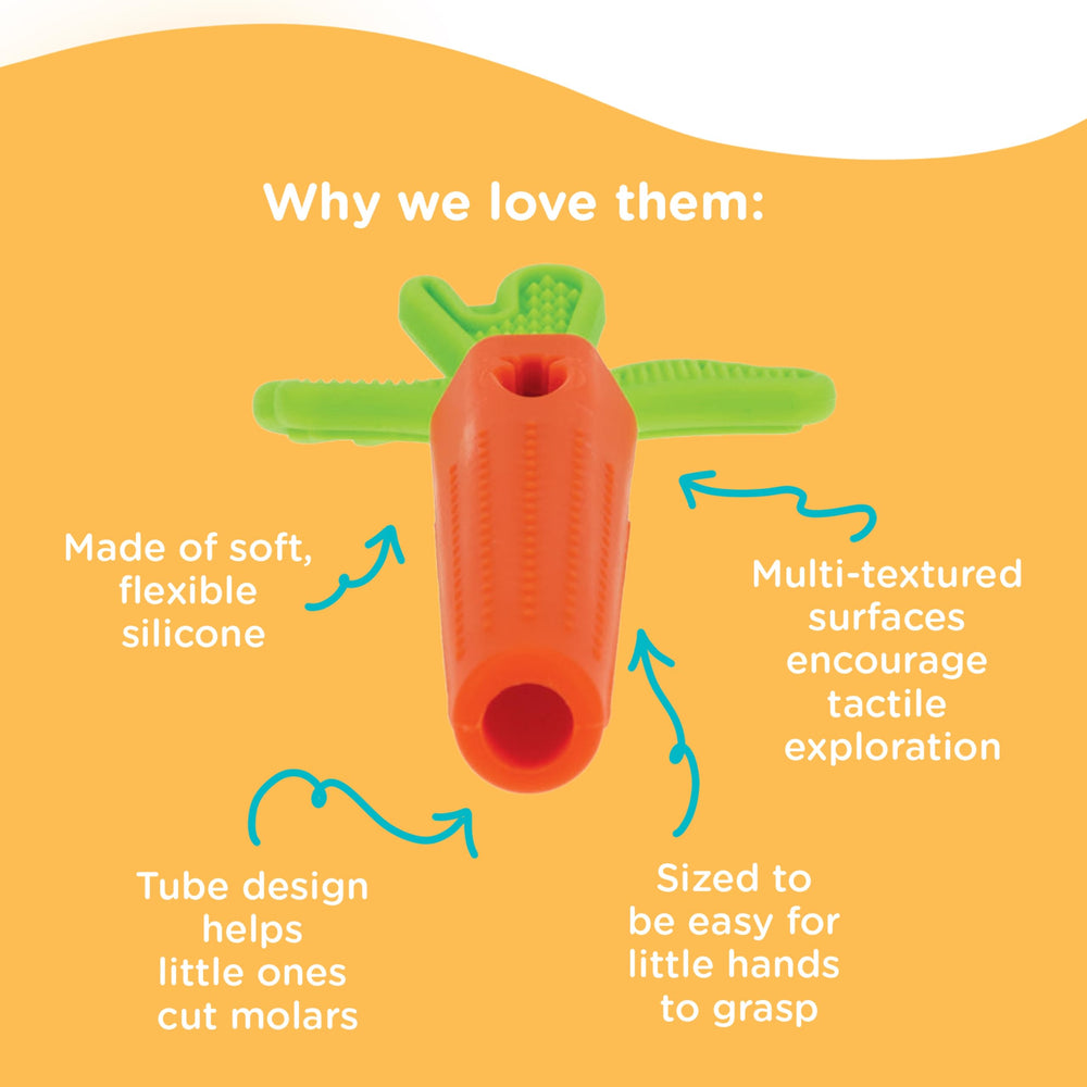 Nuby Carrot Tube Teether baby-mouth view shows gentle silicone contact on tender gums