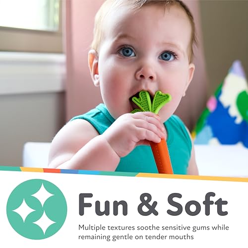 Nuby Carrot Tube Teether bristles closeup illustrating massaging sensation for irritated gums