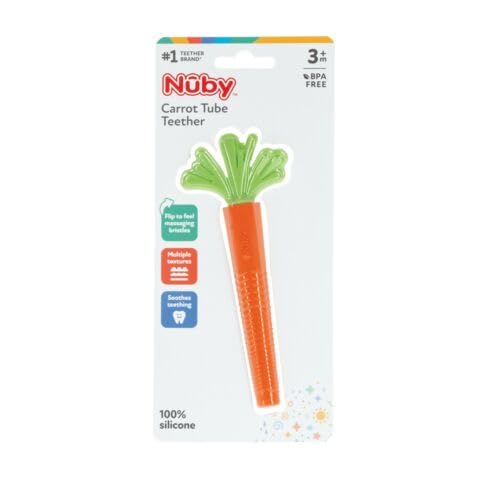 Nuby Carrot Tube Teether safety-friendly design emphasizes soft silicone and easy-grip shape