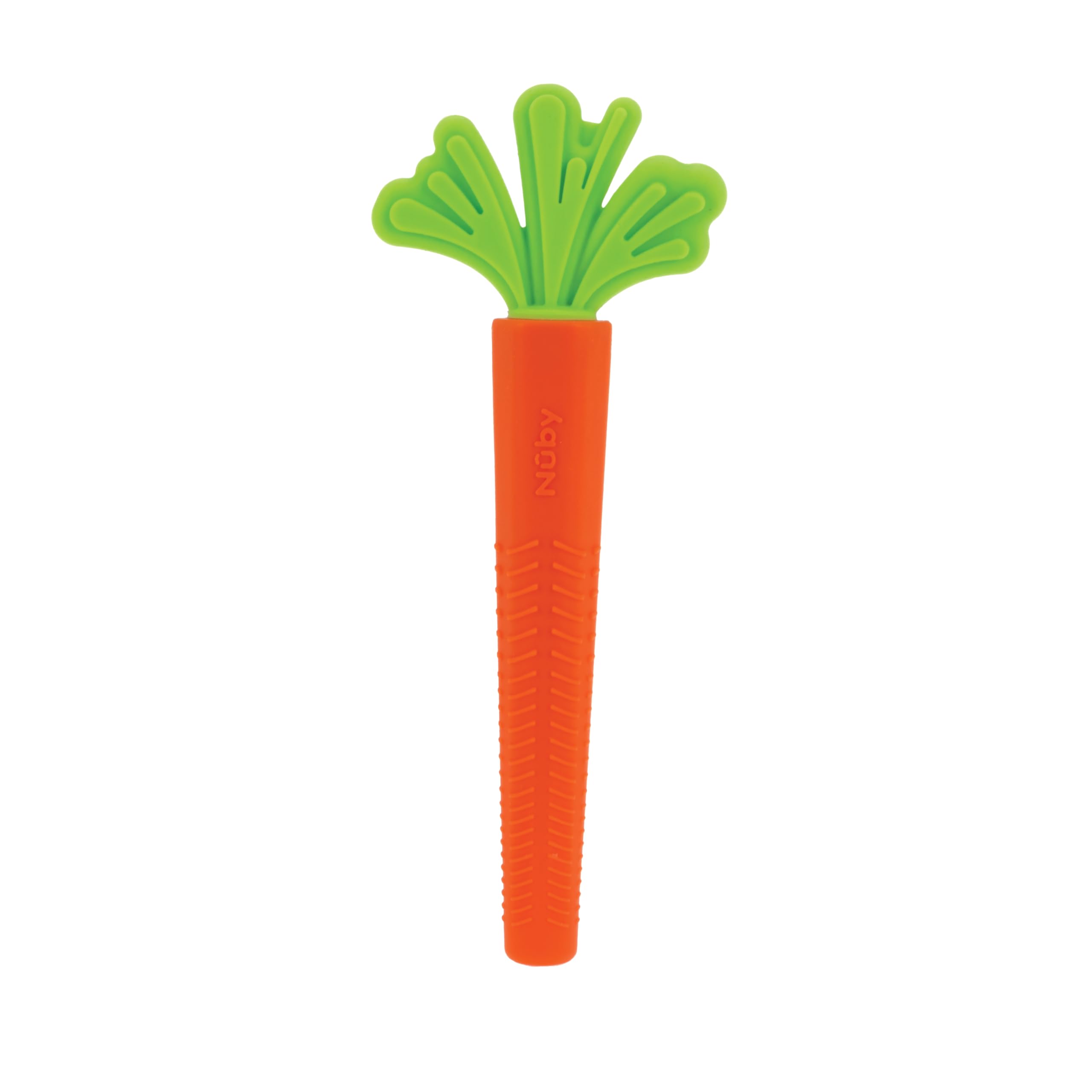 Nuby Carrot Tube Teether soft silicone closeup emphasizes flexible material for safe chewing
