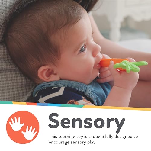 Nuby Carrot Tube Teether textures closeup shows multi-textured surfaces for gum relief