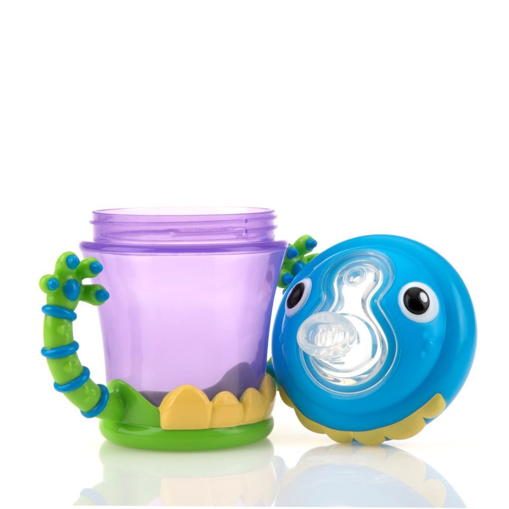 Nuby soft silicone spout close-up shows gentle, spill-reducing action.