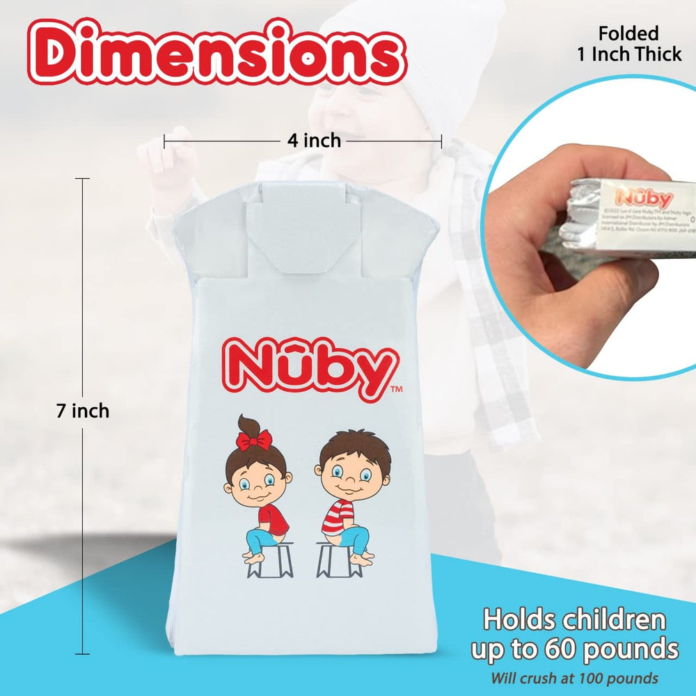 Nuby travel potty compact dimensions 7x4x1 inches for bag storage.