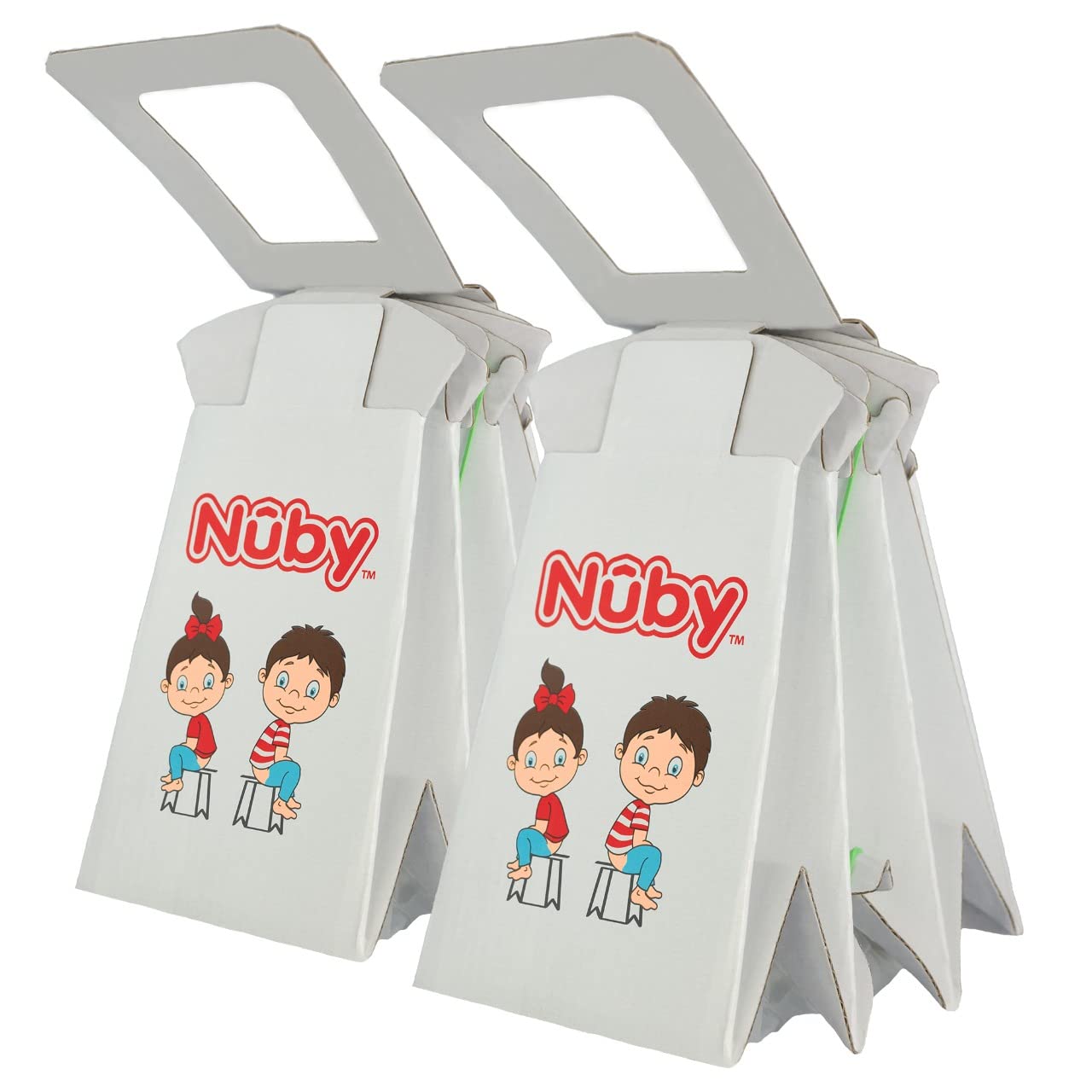 Nuby travel potty in bag demonstrates portable, mess-free design for travel.
