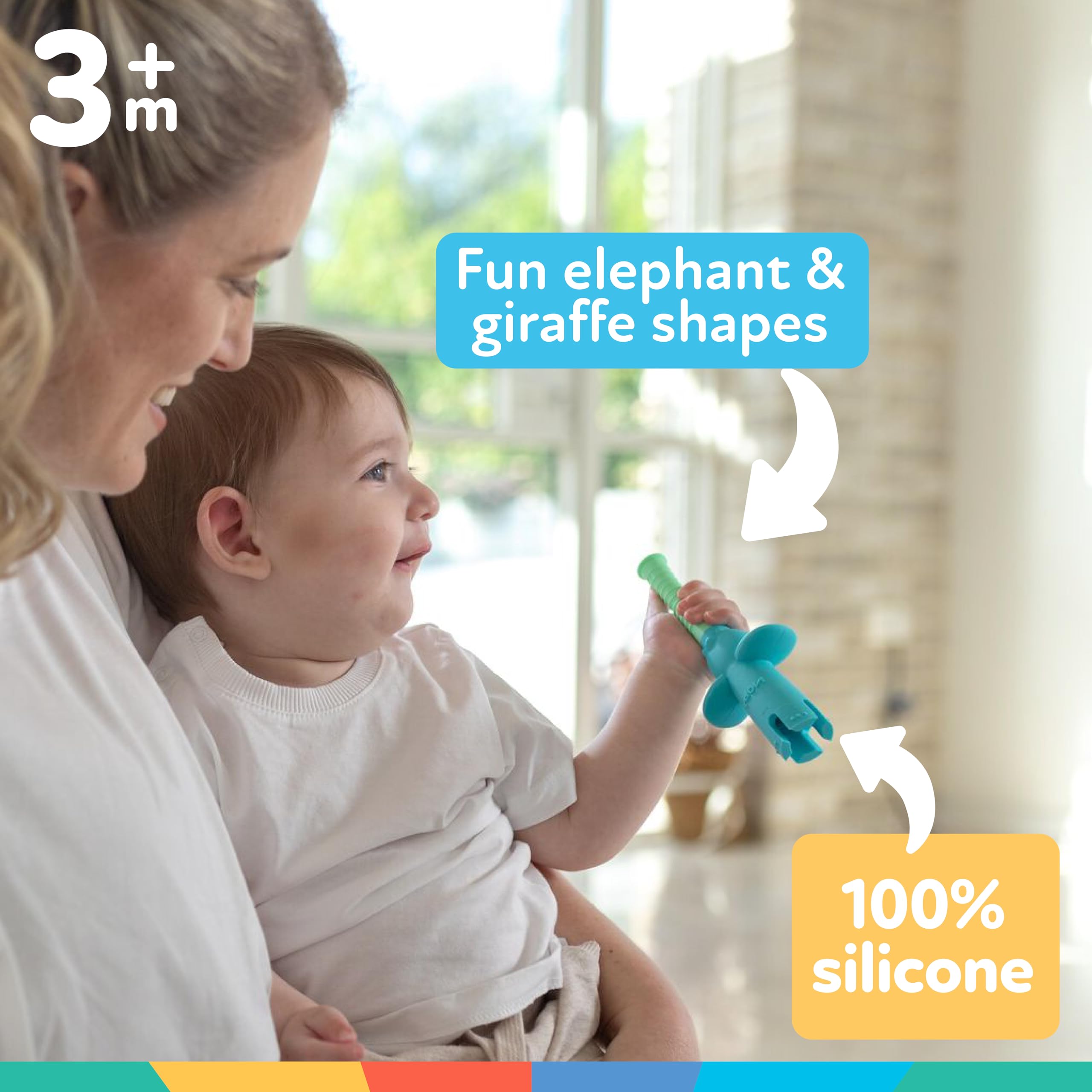 Soft silicone and bright colors invite grabbing and teething play on the go.