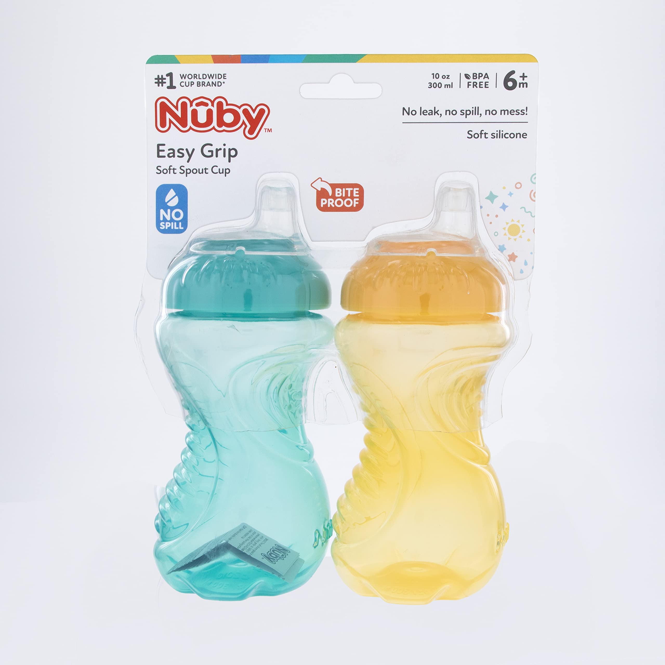 Nuby two-pack presents convenient spill-free cups in varied colors.