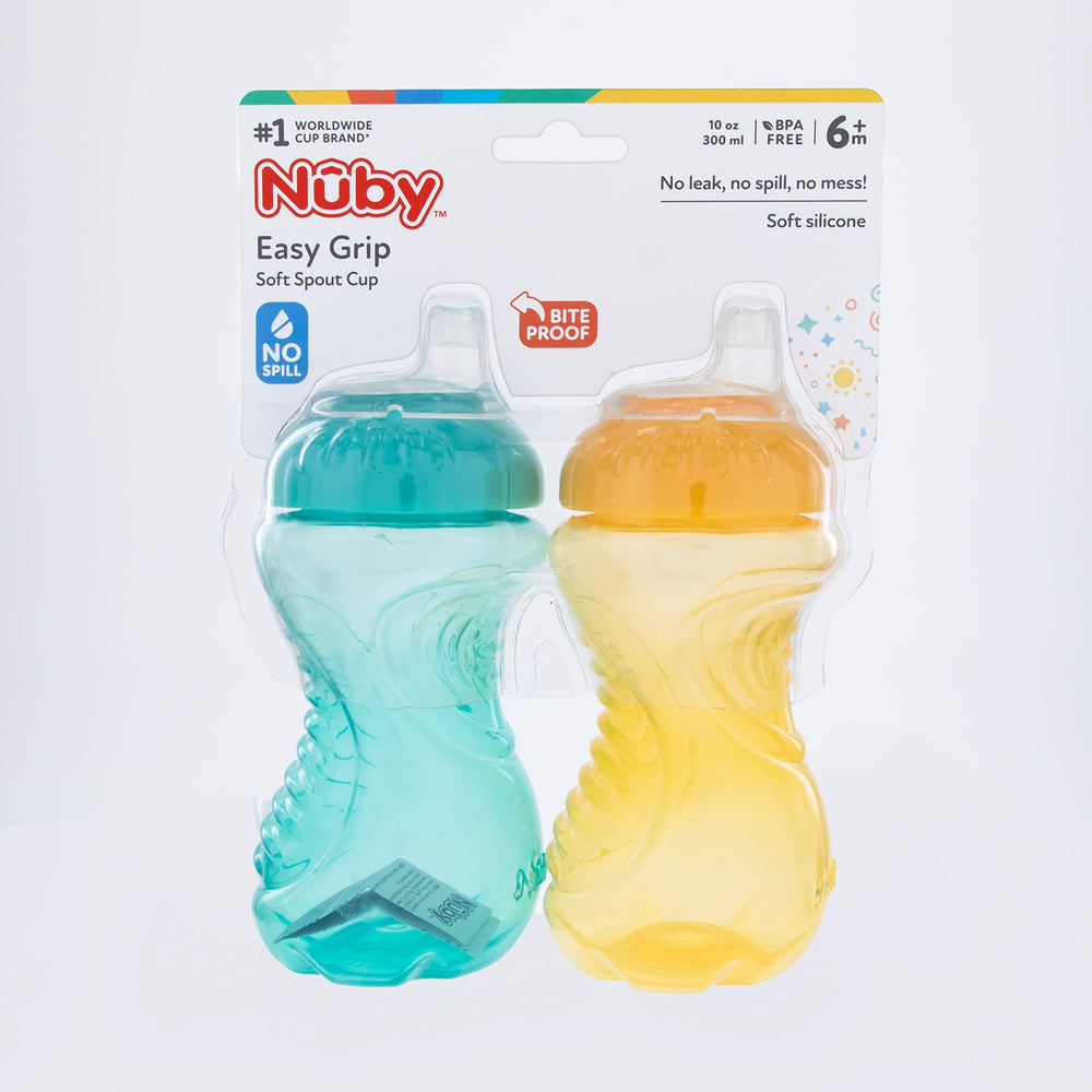 Nuby two-pack presents convenient spill-free cups in varied colors.