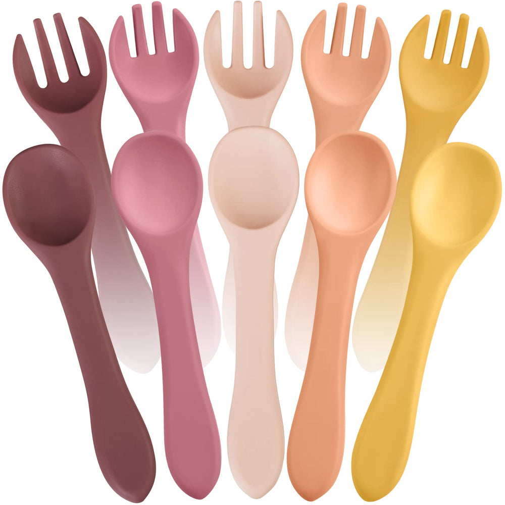 Nuenen baby-led weaning spoons and forks set in bright colors for independent feeding.
