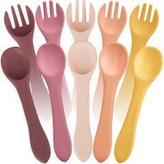Nuenen baby-led weaning spoons and forks set in bright colors for independent feeding.