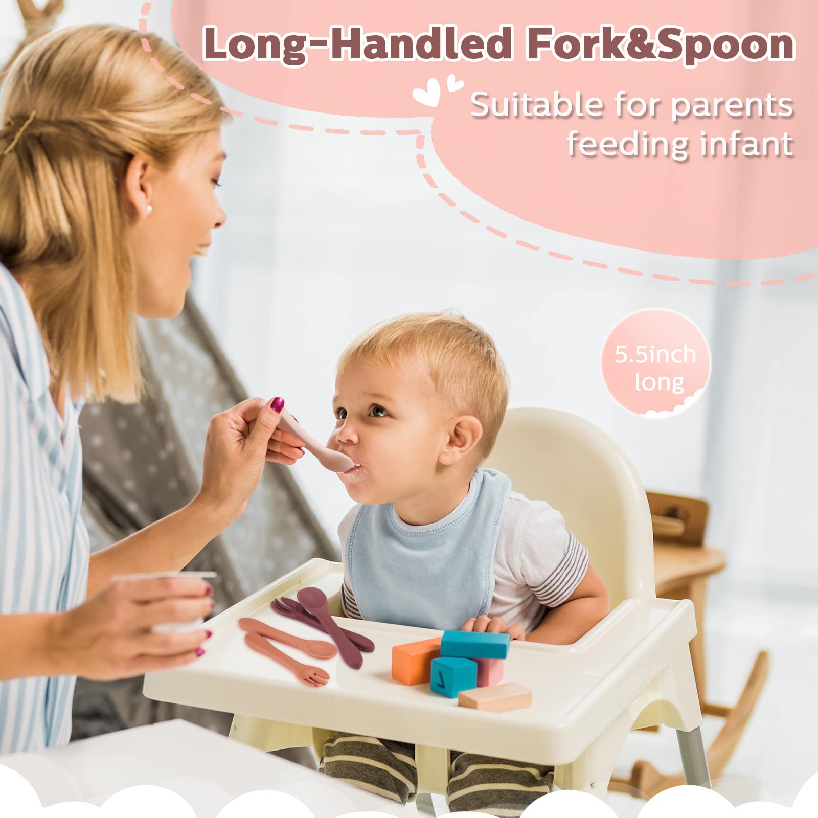 Nuenen bright colors entice toddlers during meals and self-feeding practice.