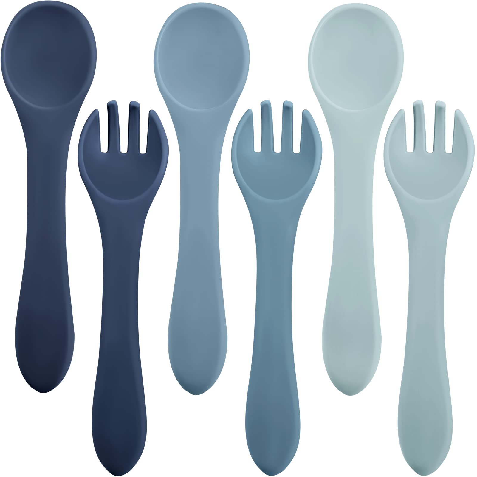 Nuenen Ocean Color feeding set hero—soft silicone utensils for gentle, beginner self-feeding.