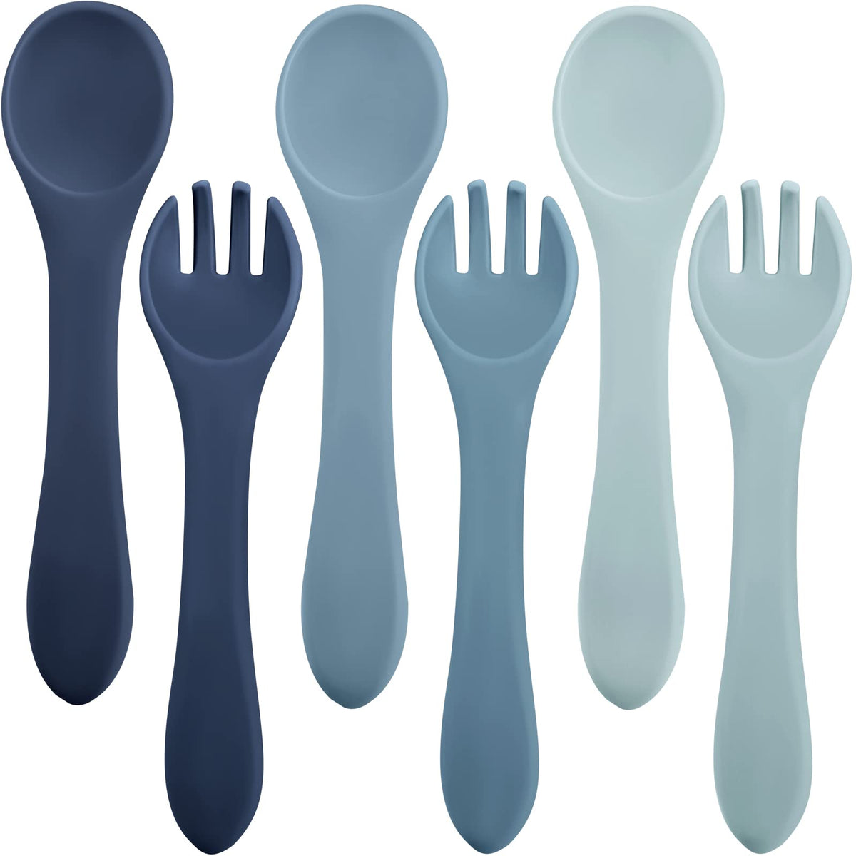 Nuenen Ocean Color feeding set hero—soft silicone utensils for gentle, beginner self-feeding.