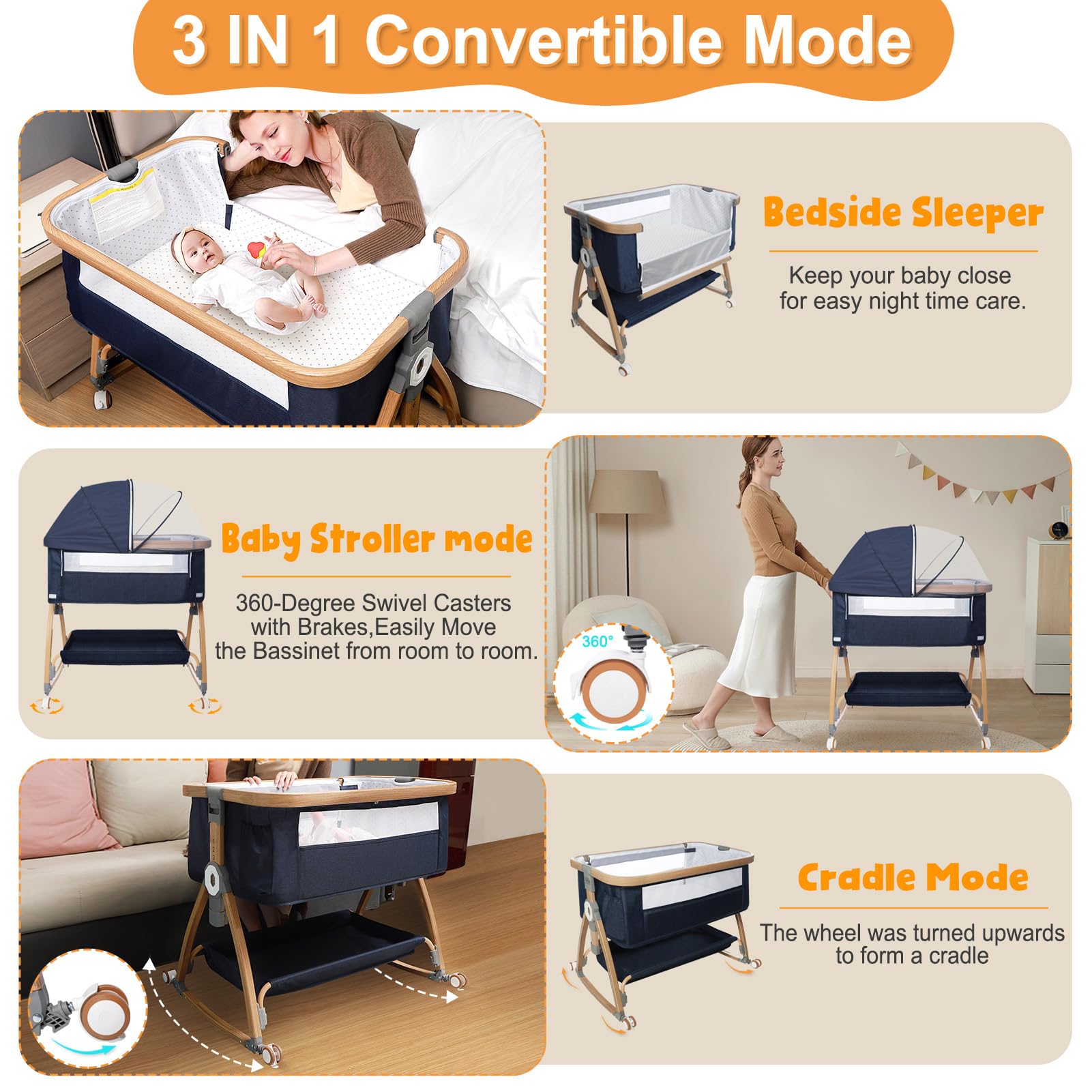nujett 3in1 baby bassinet modes showing standalone, bedside, and nursing tilt options