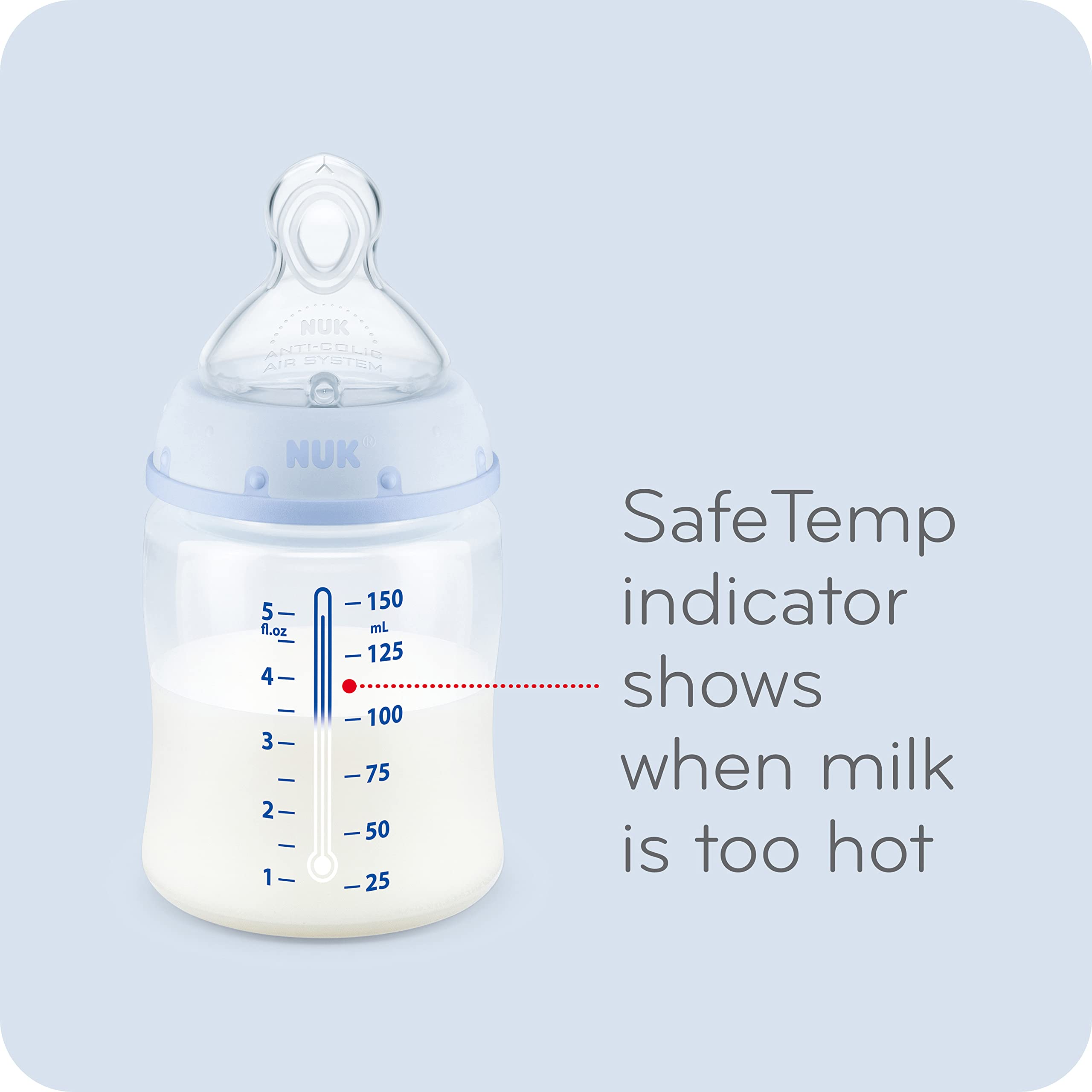 NUK blue elephant design bottle adds engaging visual during feeds.