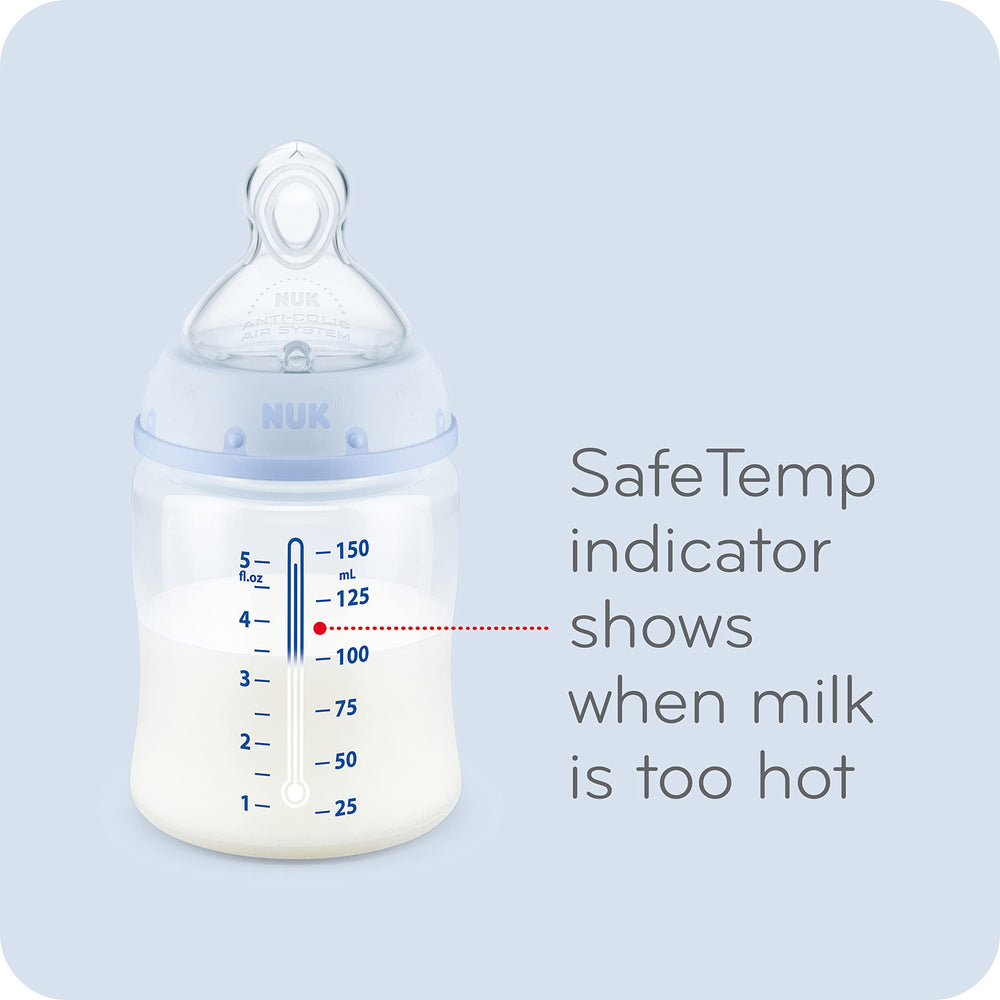 NUK blue elephant design bottle adds engaging visual during feeds.