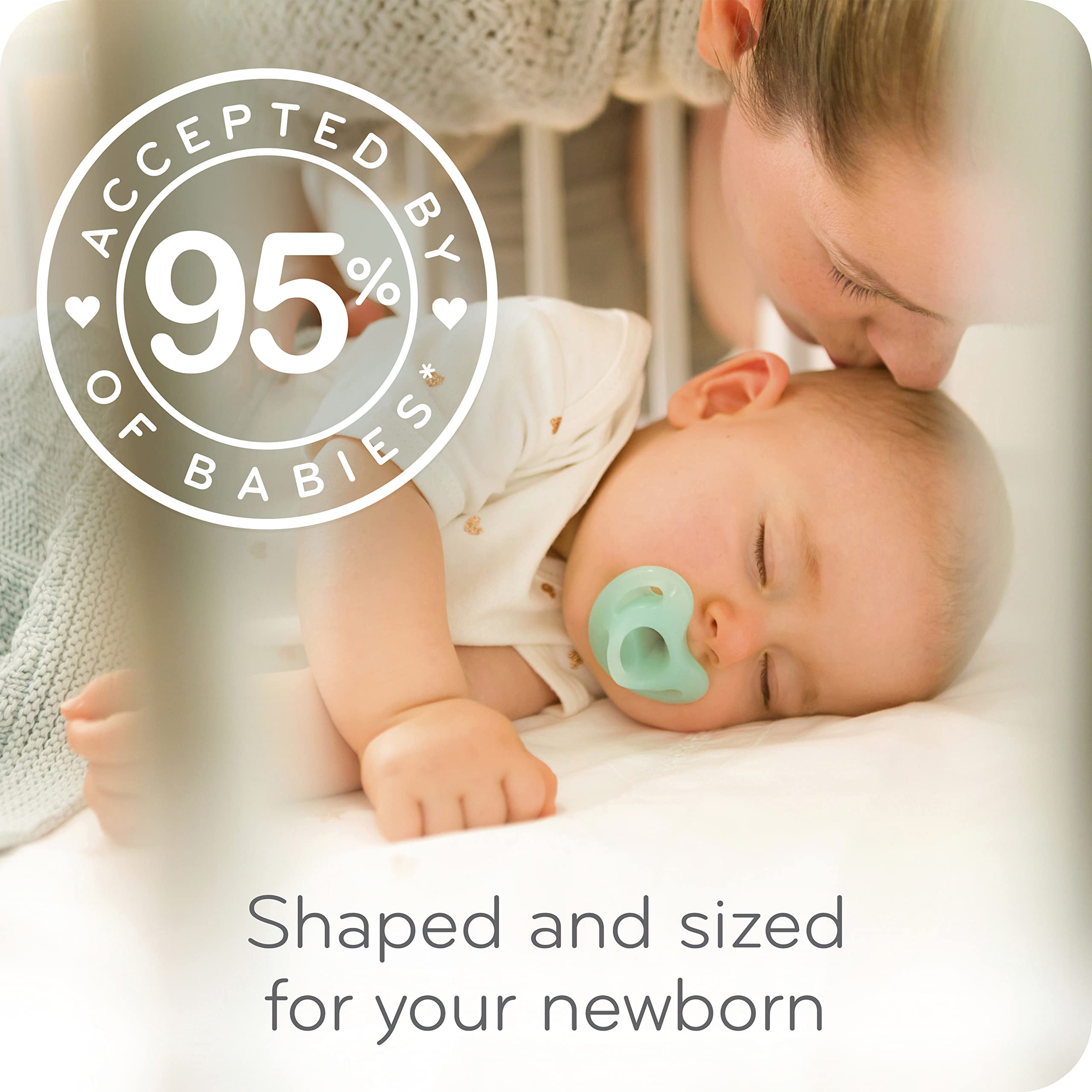 NUK Comfy Pacifier breast-like-nipple mirrors mom's shape for natural latching.