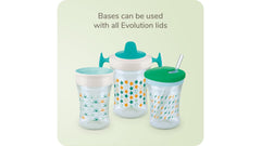 NUK Evolution ergonomic cup shape provides easy grip for small hands.