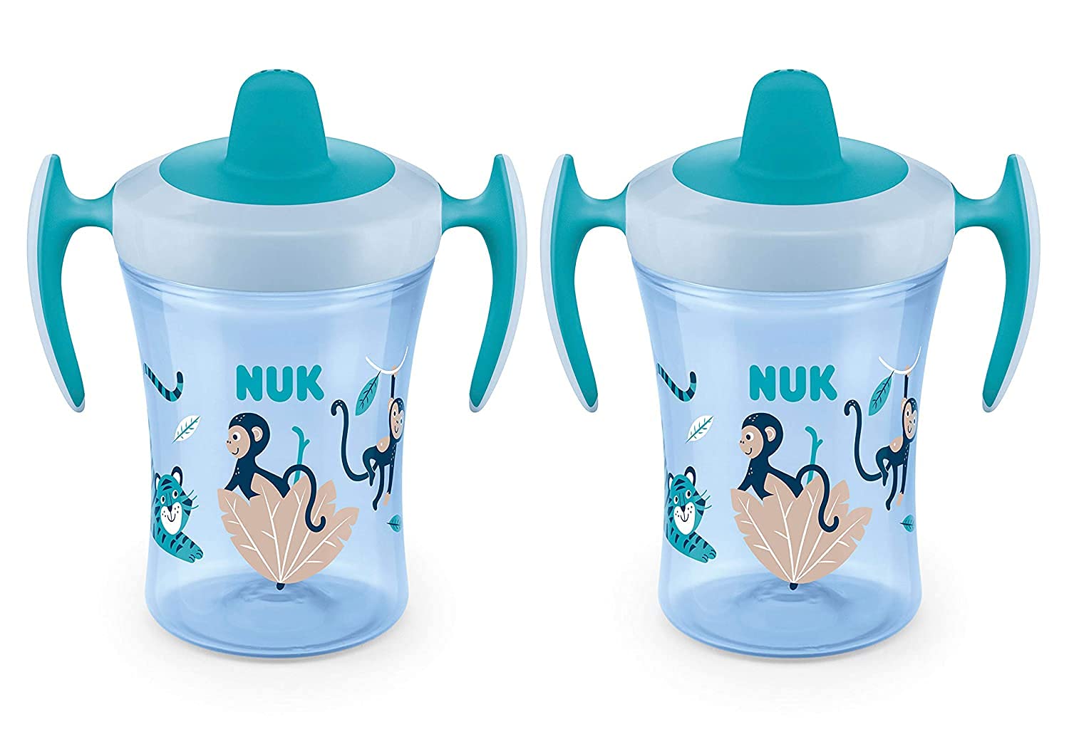 NUK Evolution Soft Spout Learner Cup front view with ergonomic handles for tiny hands.