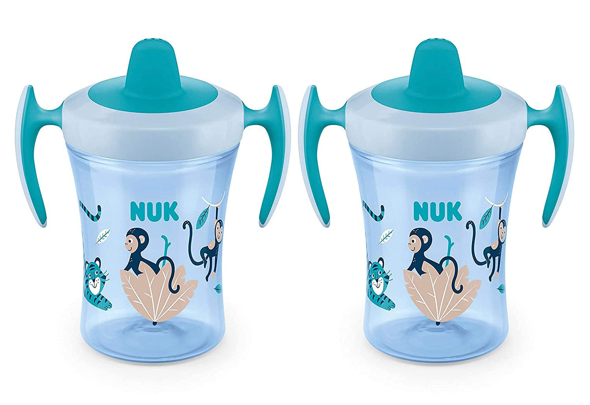 NUK Evolution Soft Spout Learner Cup front view with ergonomic handles for tiny hands.