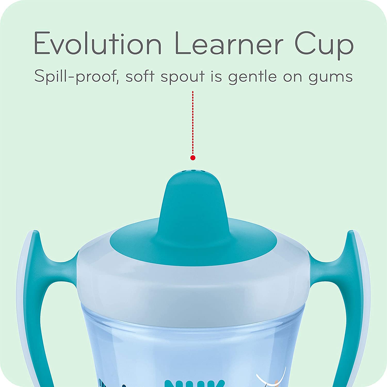 NUK Evolution Soft Spout Learner Cup being held to show secure grip and sip.