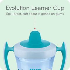 NUK Evolution Soft Spout Learner Cup being held to show secure grip and sip.