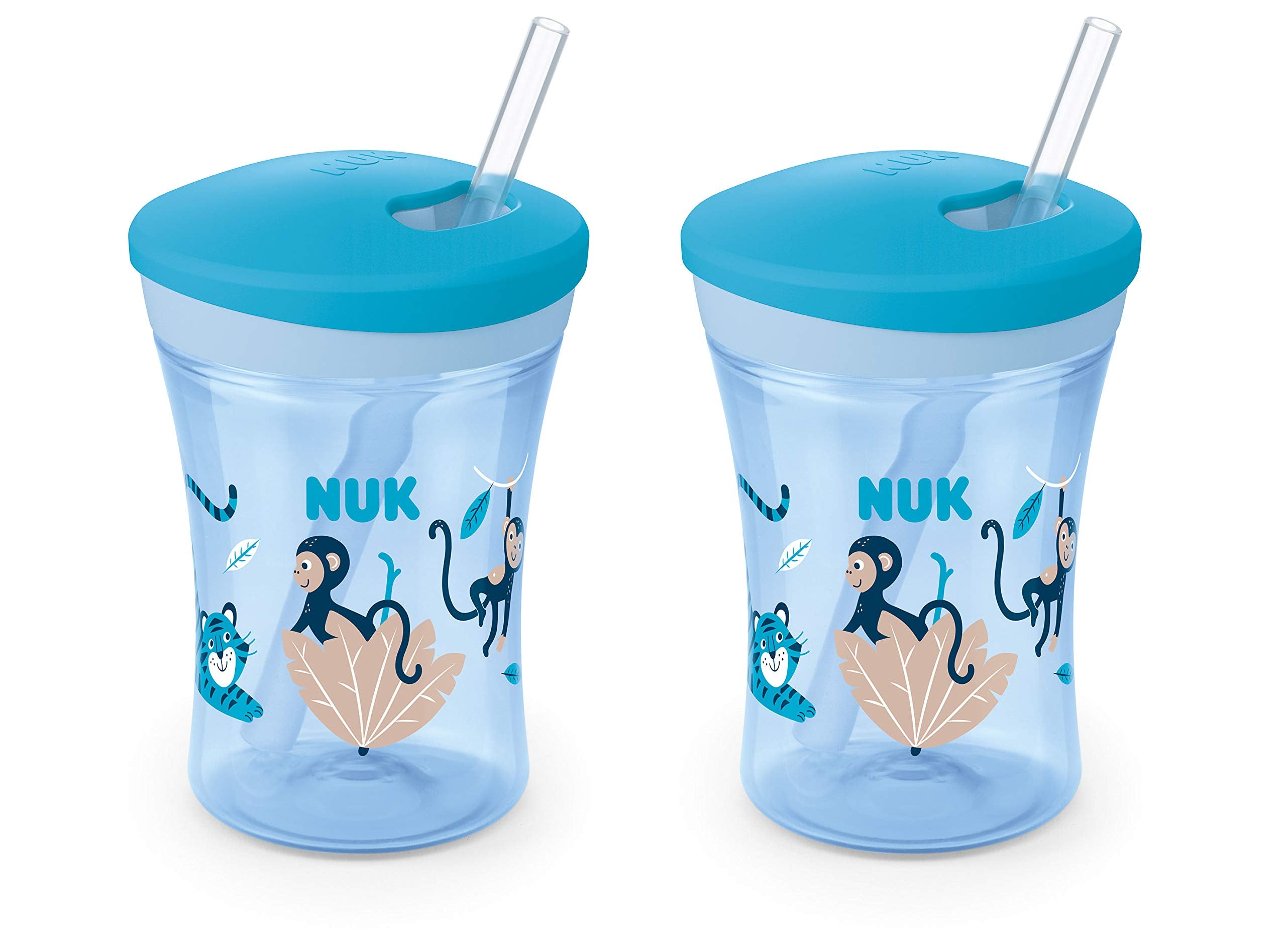 NUK Evolution Straw Cup Blue 8oz Pack 2 hero image shows leak-proof on-the-go use.