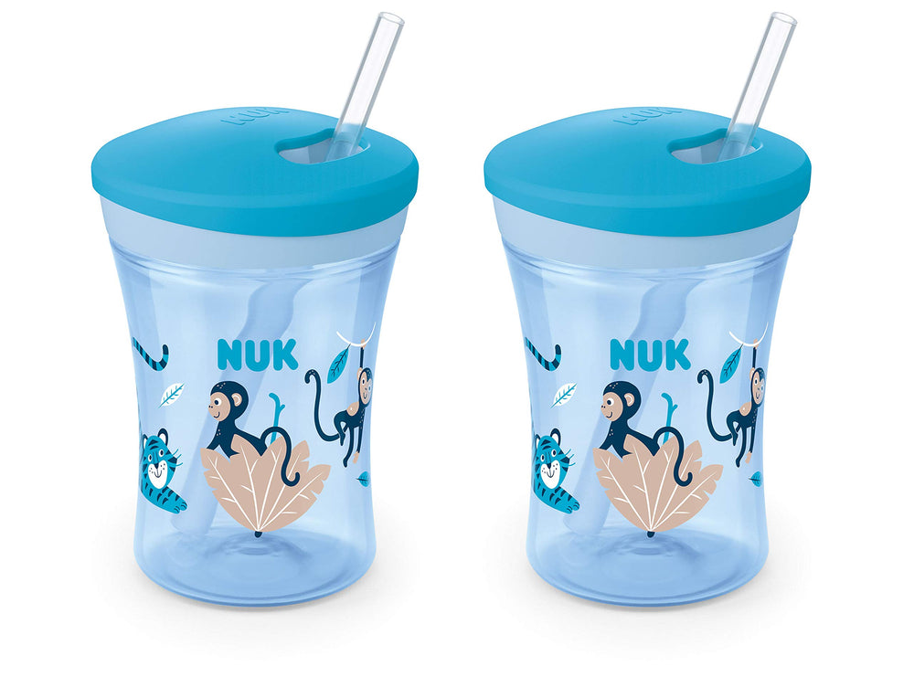 NUK Evolution Straw Cup Blue 8oz Pack 2 hero image shows leak-proof on-the-go use.