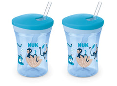 NUK Evolution Straw Cup Blue 8oz Pack 2 hero image shows leak-proof on-the-go use.