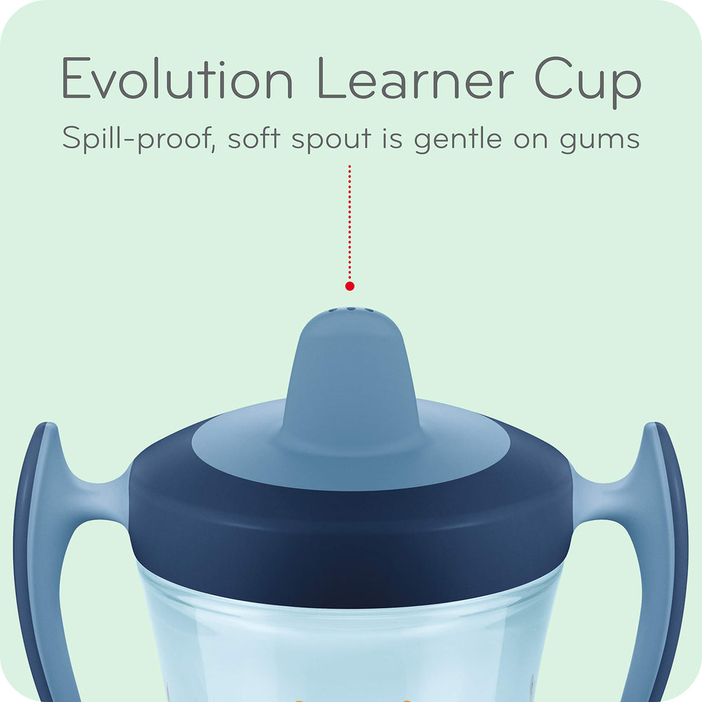 NUK Evolution Straw Cup Blue twist lid demonstrates leak protection on the go.
