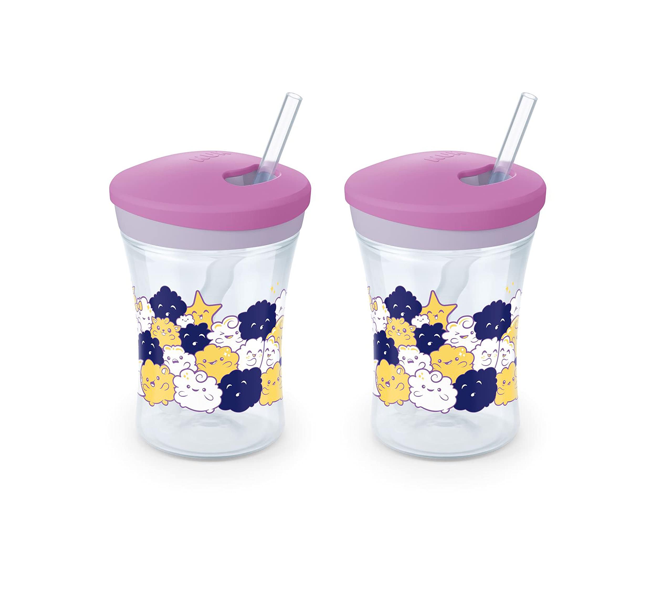 NUK Evolution straw cup with lid-close demonstrates leak prevention on the go.
