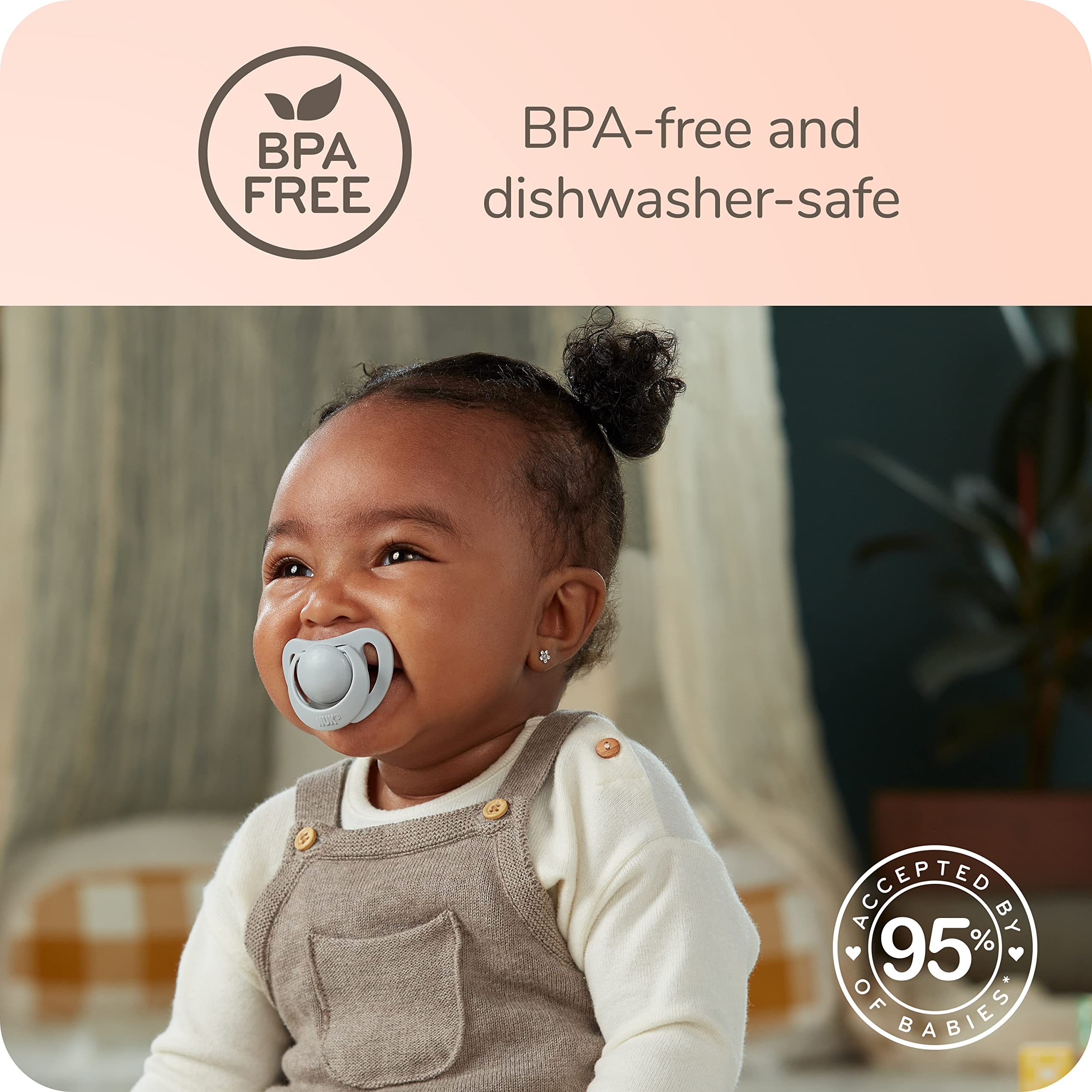 NUK for Nature orthodontic shape mimics mom's nipple sensation for comfort