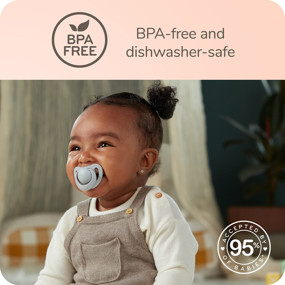 NUK for Nature orthodontic shape mimics mom's nipple sensation for comfort