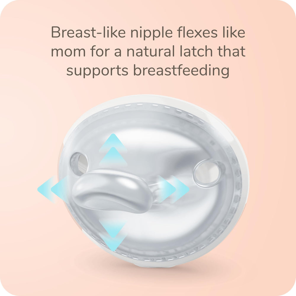 NUK shield-curved image demonstrates ergonomic fit away from baby's face
