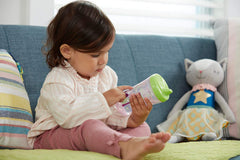 NUK flow-control valve close-up shows easy, measured sips for growing toddlers