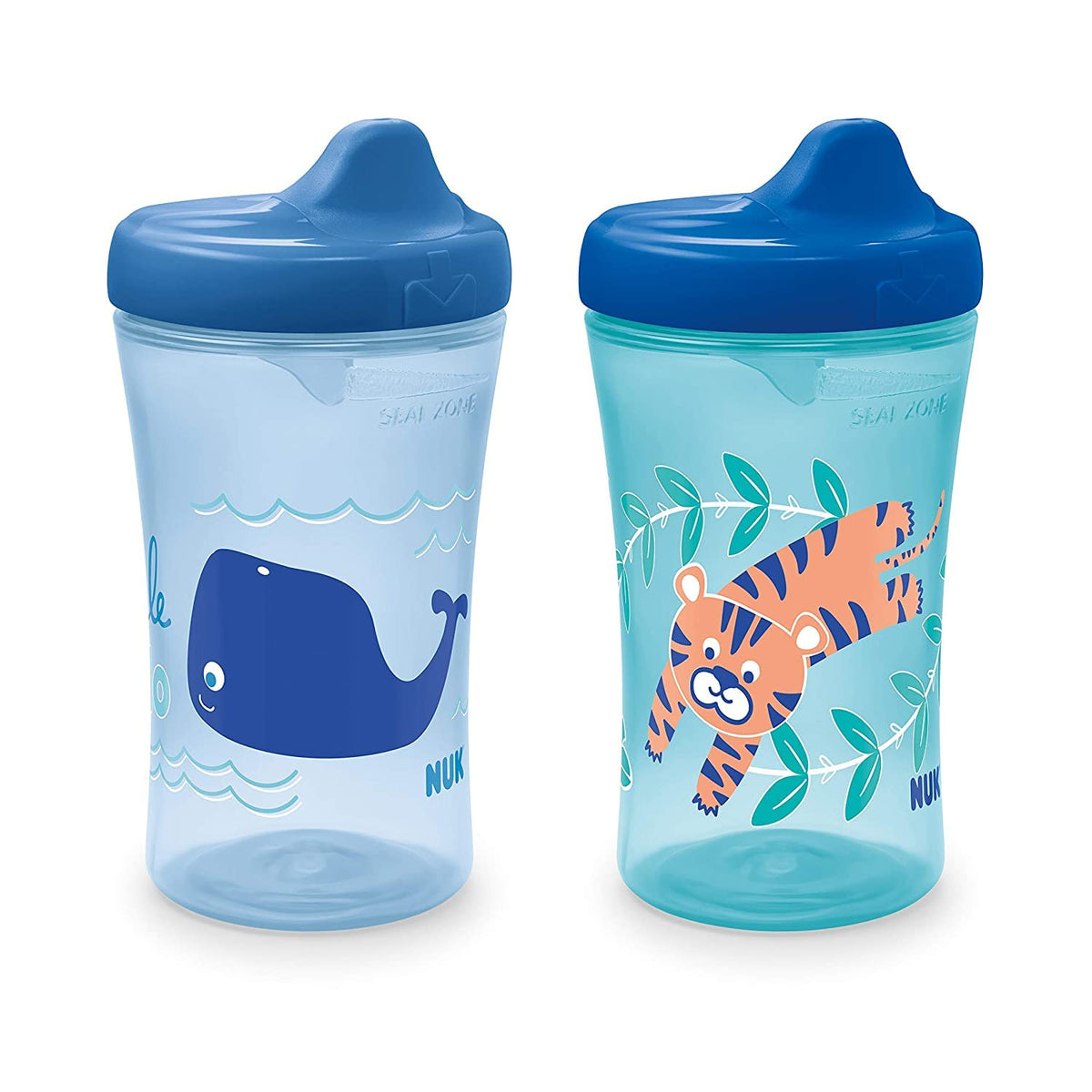 NUK Hide 'n Seek 10 oz blue whale and tiger cup for mess-free sipping.
