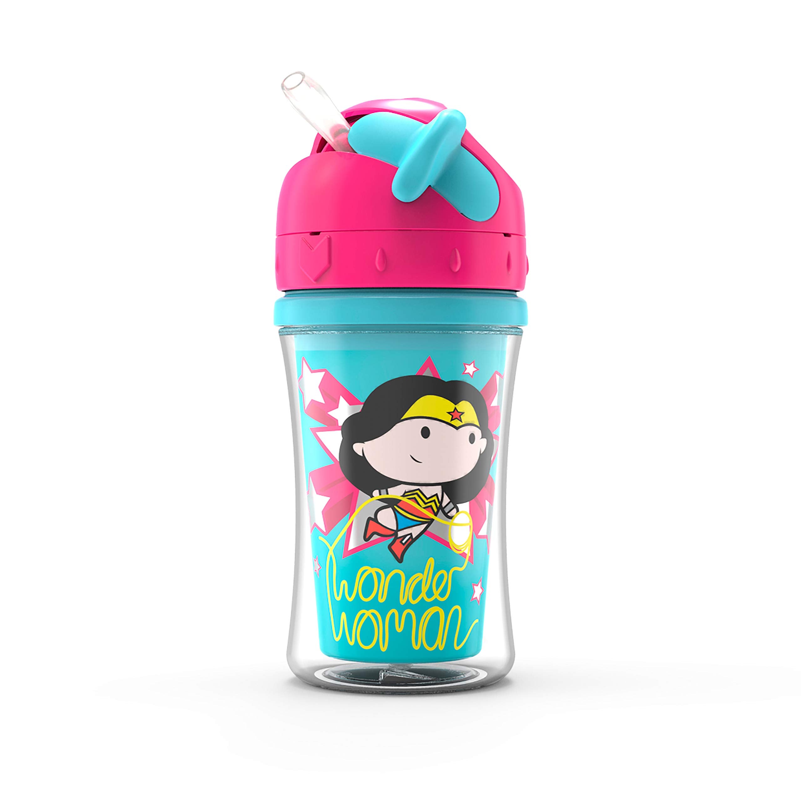 NUK insulated straw cup Wonder Woman closeup straw shows kid-friendly sipping with spill-free design
