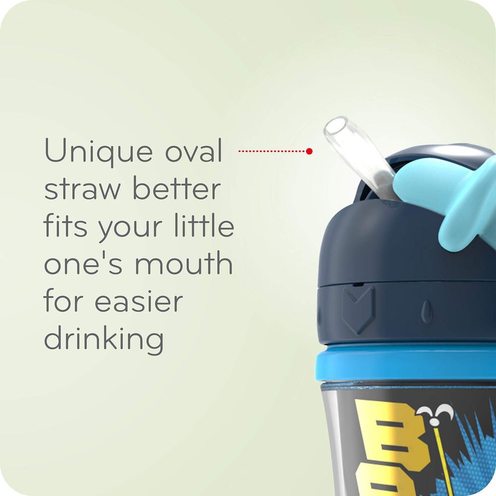 NUK insulated straw cup Wonder Woman slider-lock demonstrates straw protection when not in use
