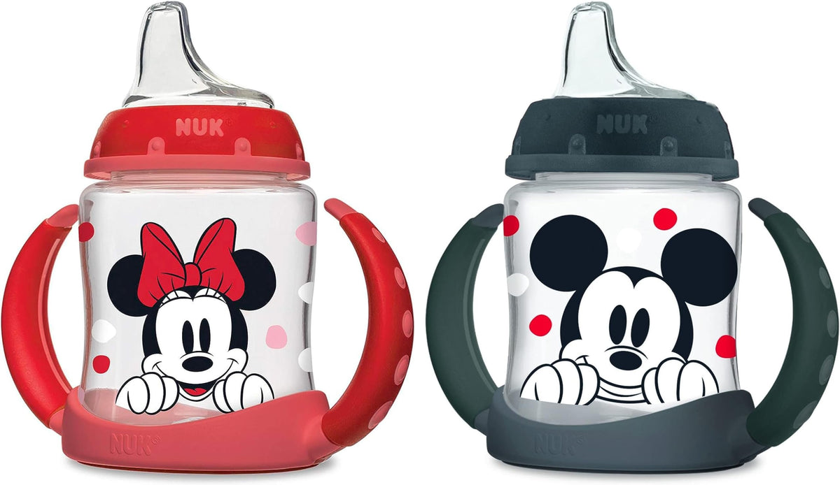 NUK Learner Cup Mickey spout demonstrates spill-proof sipping for toddlers
