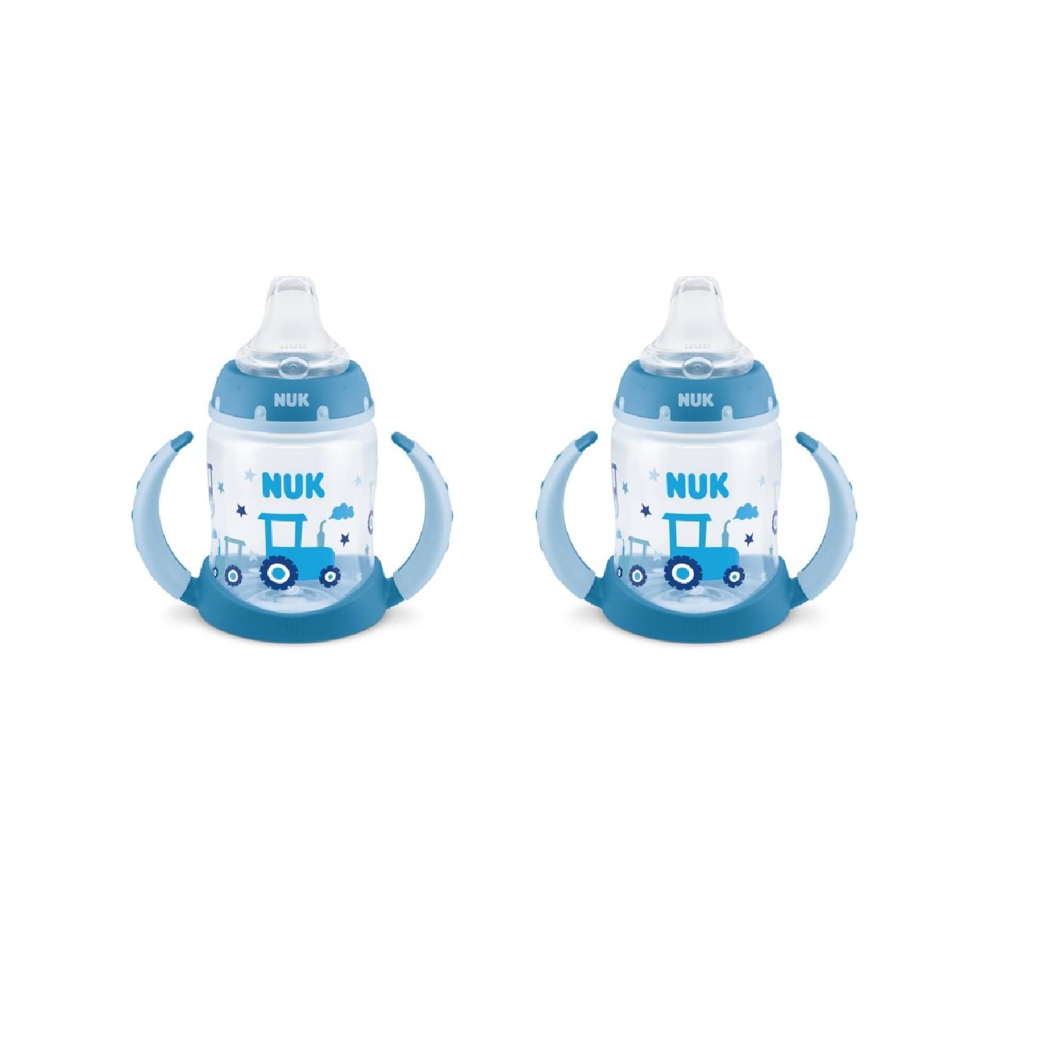 NUK Learner Cup Sea Creatures with tractor design aids grip during transition.