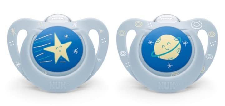 NUK orthodontic pacifier blue outerspace pattern supports natural sucking comfort