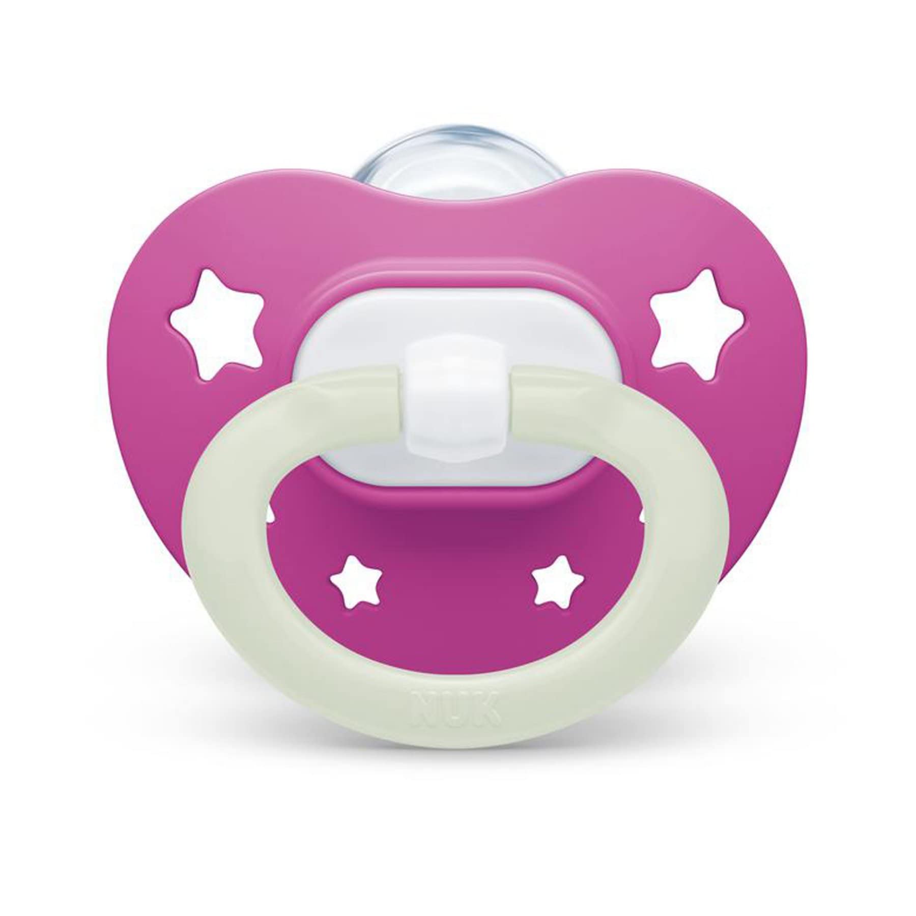NUK Orthodontic Pacifier heart shield under nose for breathing-friendly fit.