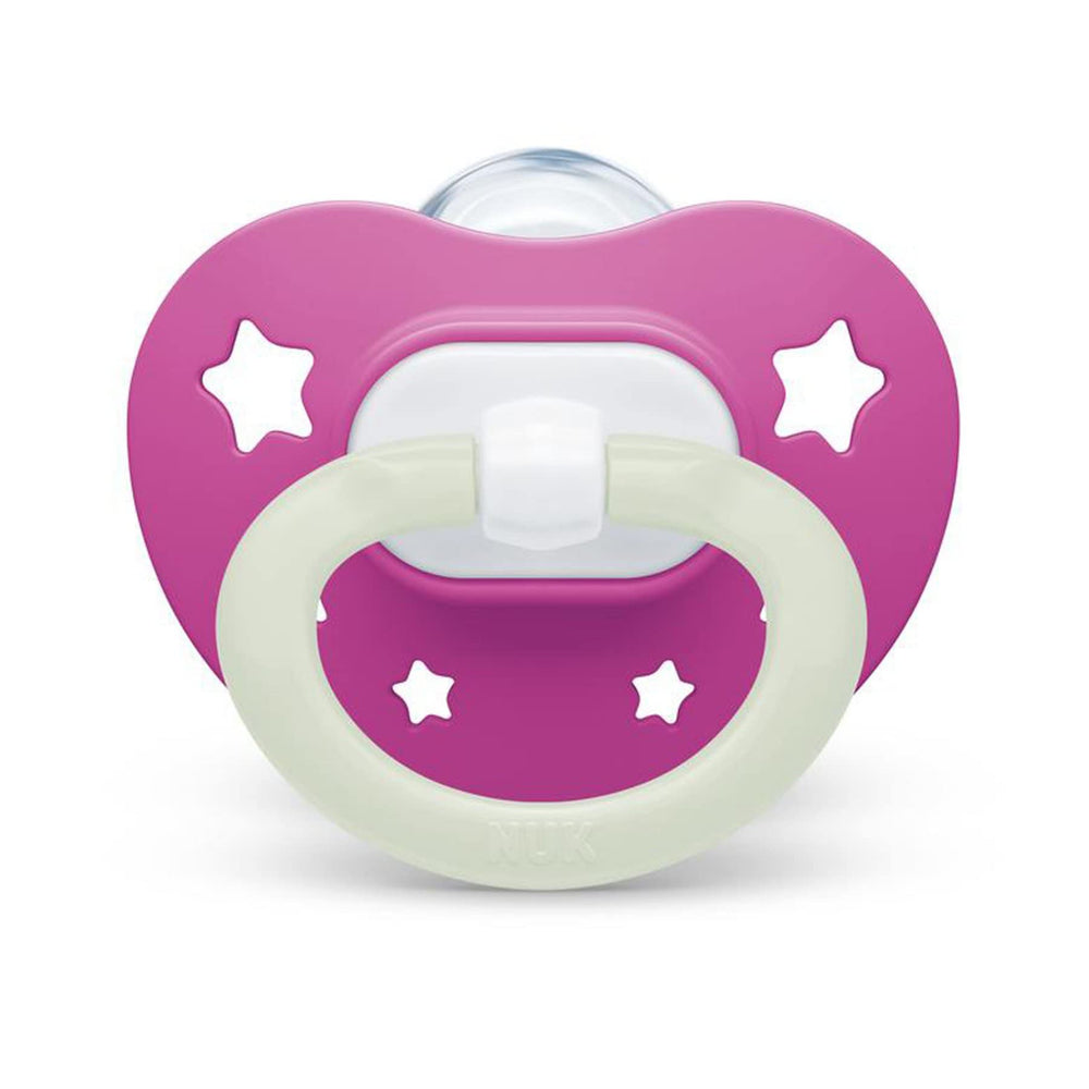 NUK Orthodontic Pacifier heart shield under nose for breathing-friendly fit.