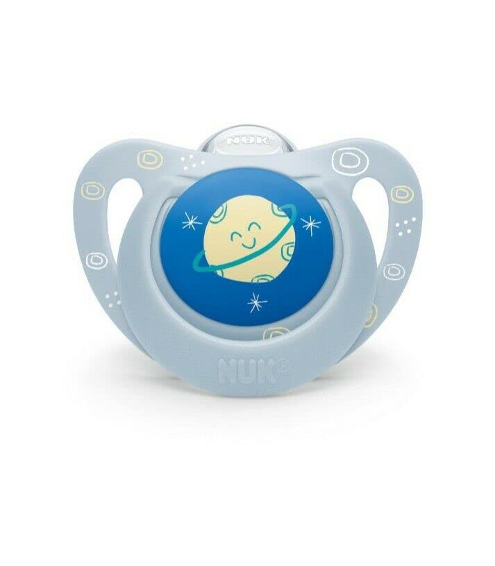 NUK pacifier with heart-shaped shield fits under the nose for easy breathing