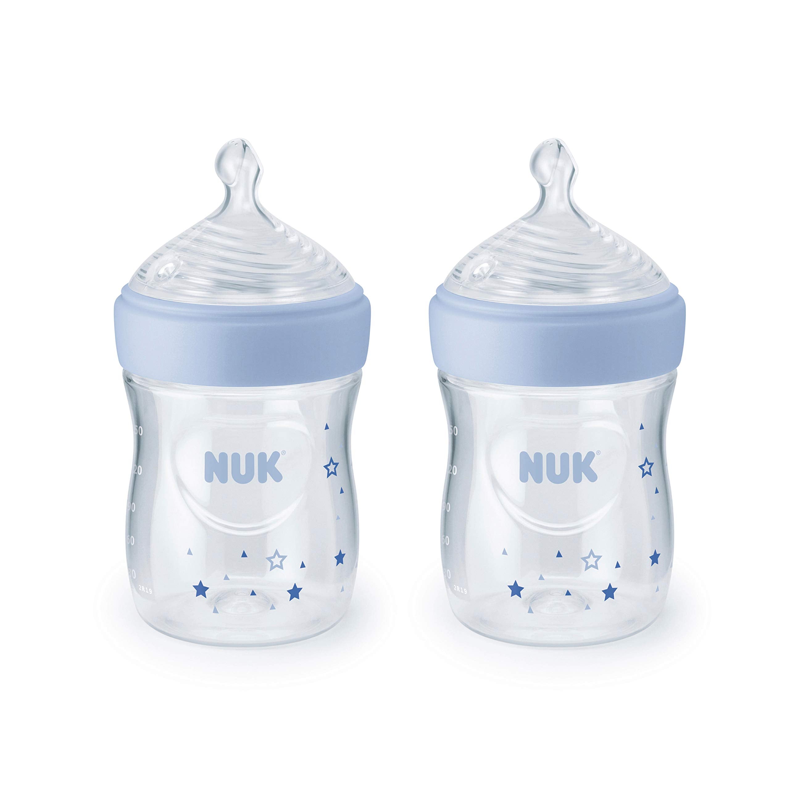 NUK Simply Natural 5oz bottle with blue stars, easy grip for on-the-go feeding.