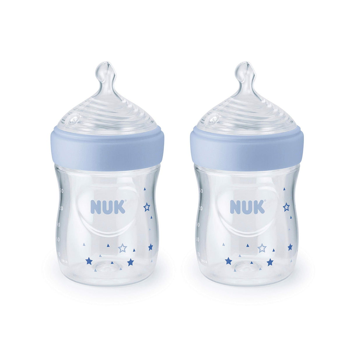 NUK Simply Natural 5oz bottle with blue stars, easy grip for on-the-go feeding.