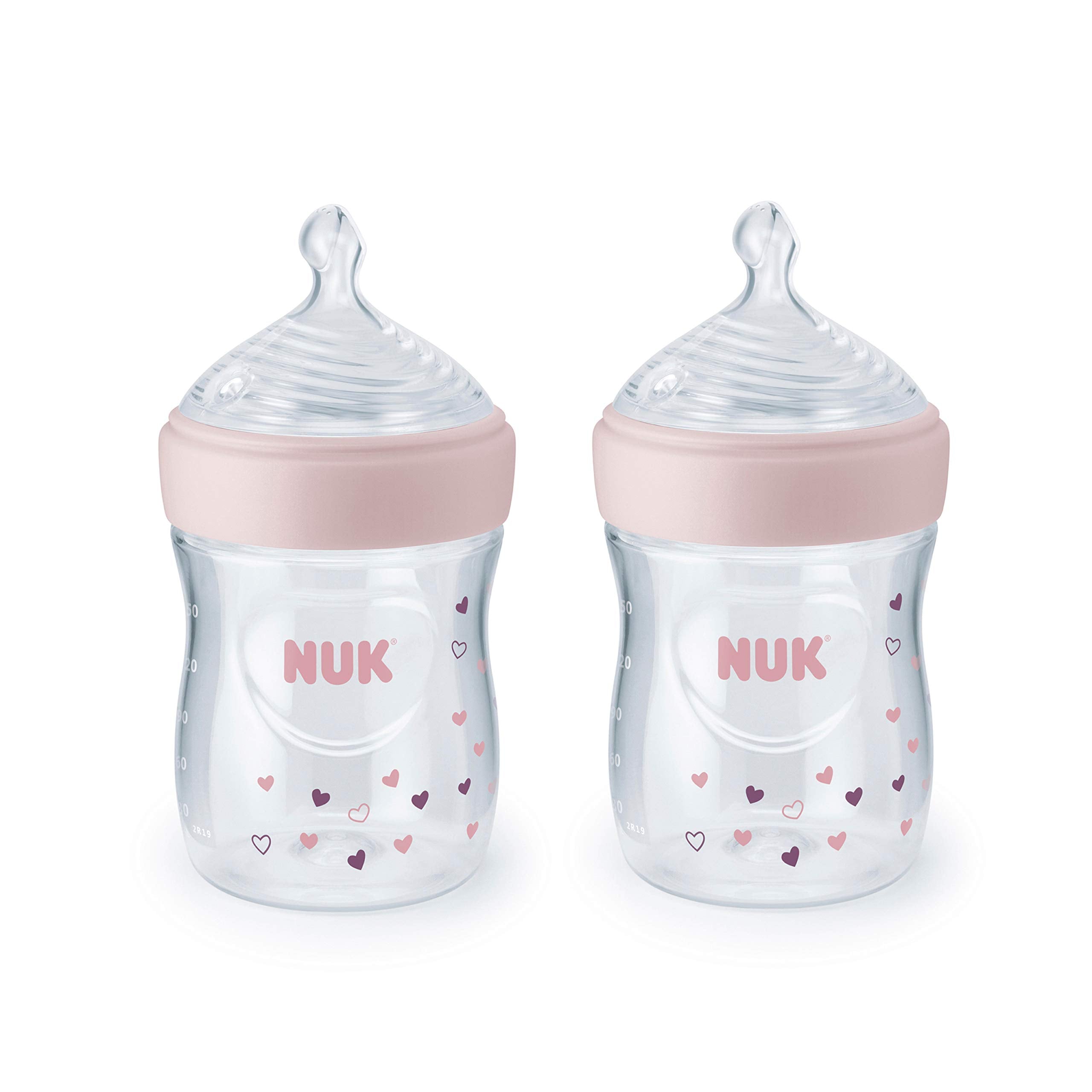 NUK Simply Natural 5oz bottle with pink hearts supports natural latch and soothing feeding.