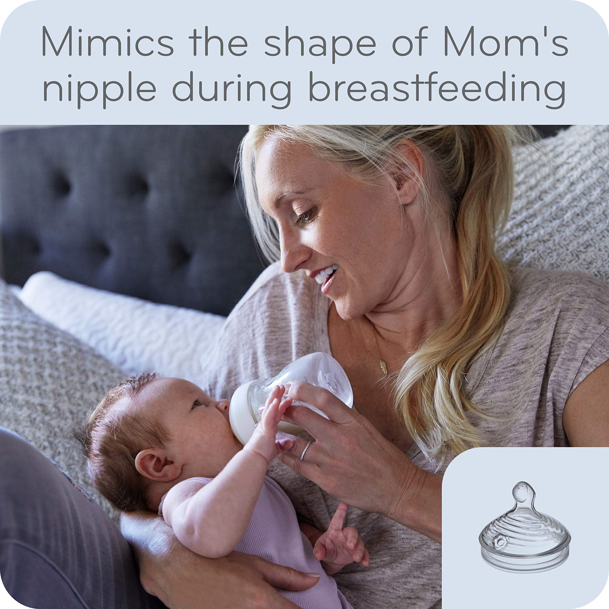NUK Simply Natural 3-hole nipple closeup enables slow flow for calm feeds