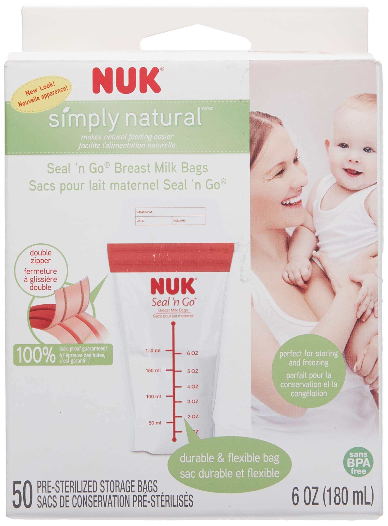NUK Simply Natural bags standing upright in freezer for easy organization