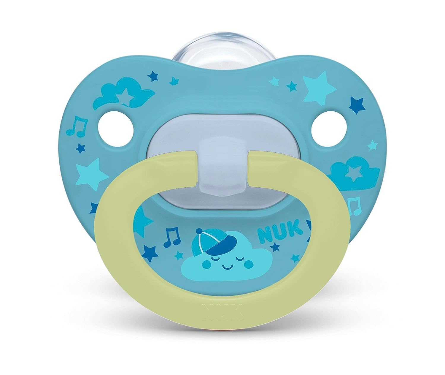 NUK pacifier components labeled top-rack dishwasher safe for easy cleaning