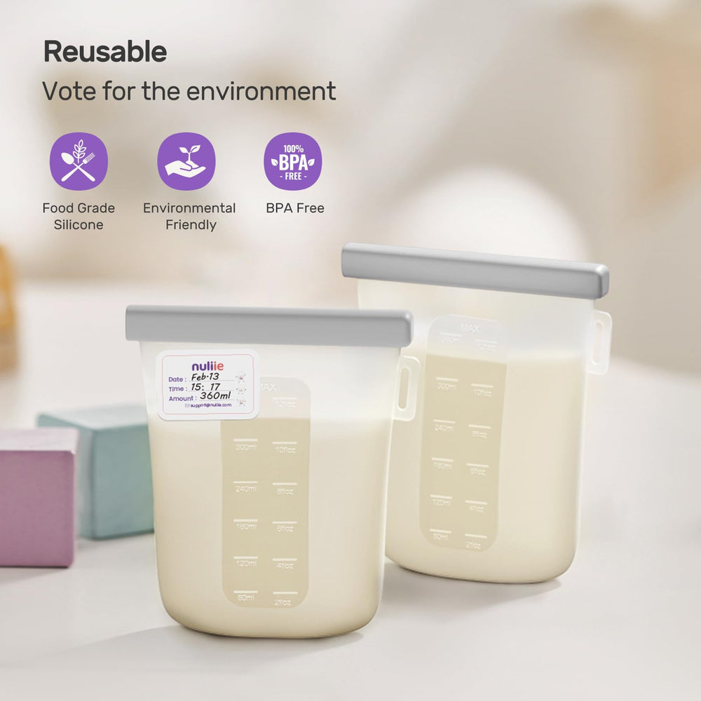 Nuliie reusable bags in use for milk storage and snacks.